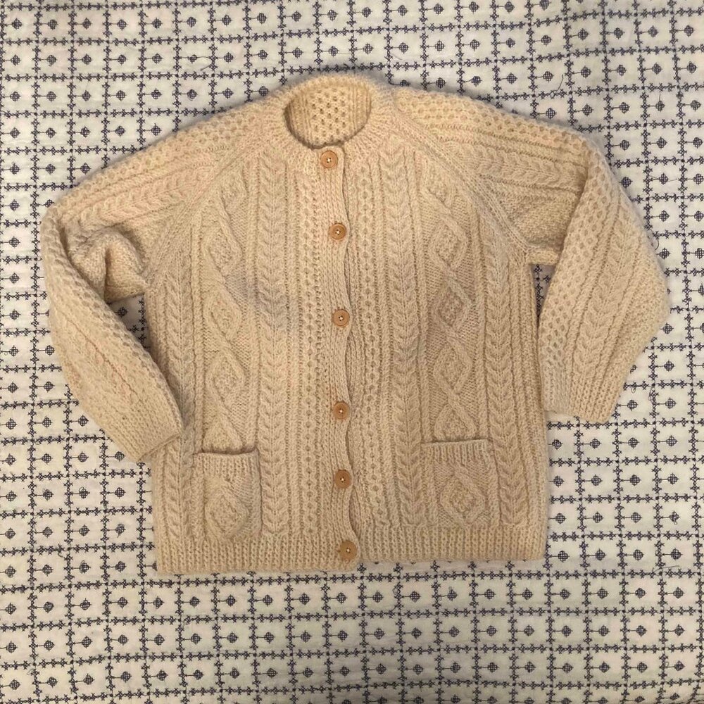 Vintage Handmade Wool Cardigan Sweater Aran-Style Cream Color XS/S